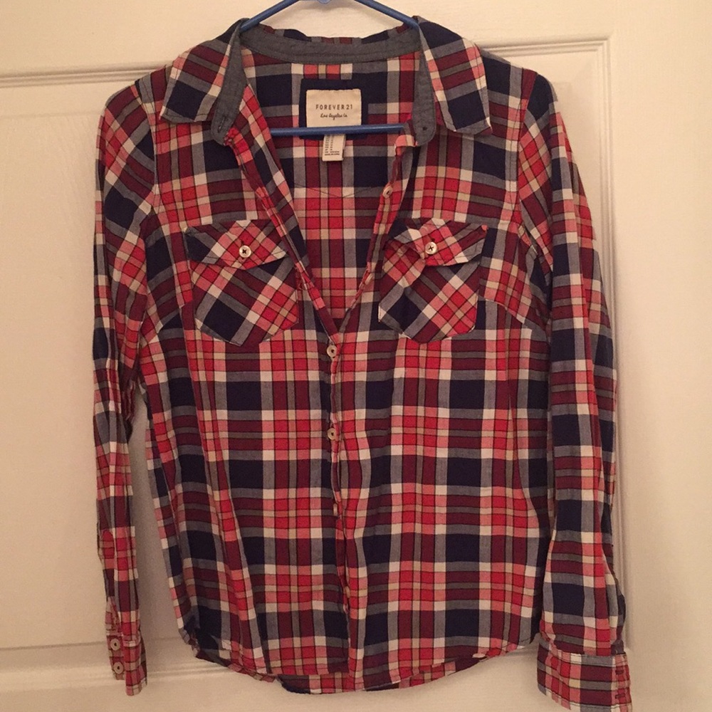 Red, white and blue plaid long sleeve shirt